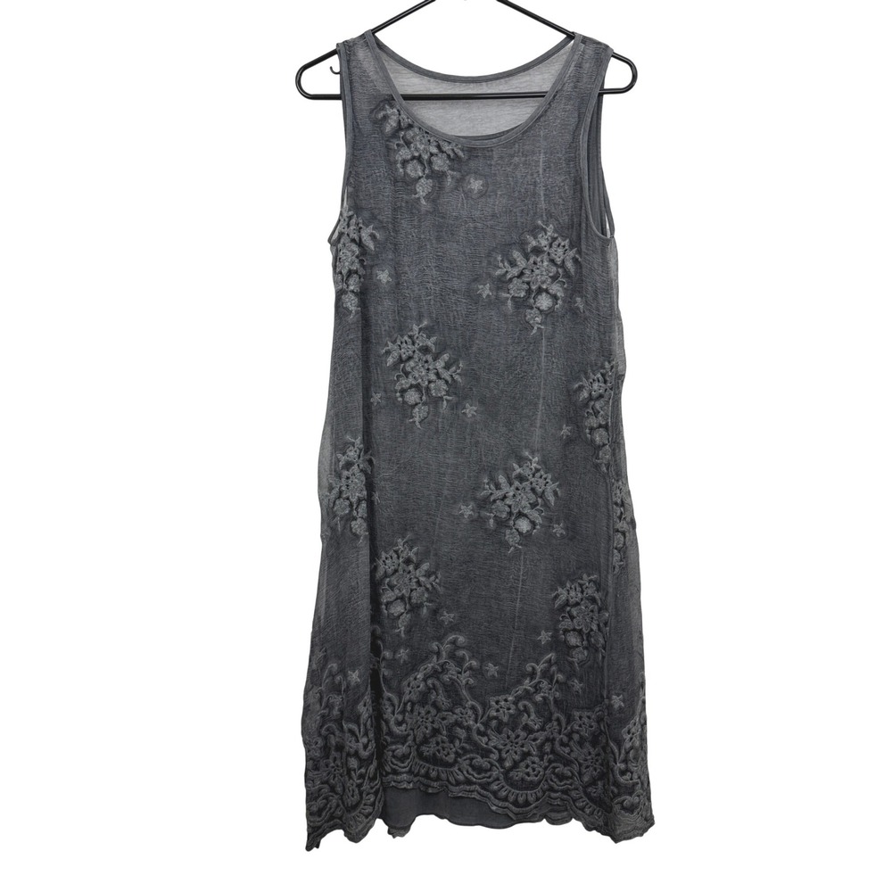 Peruvian Connection Dress Womens Medium Grey Silk Floral Embroidered Sleeveless